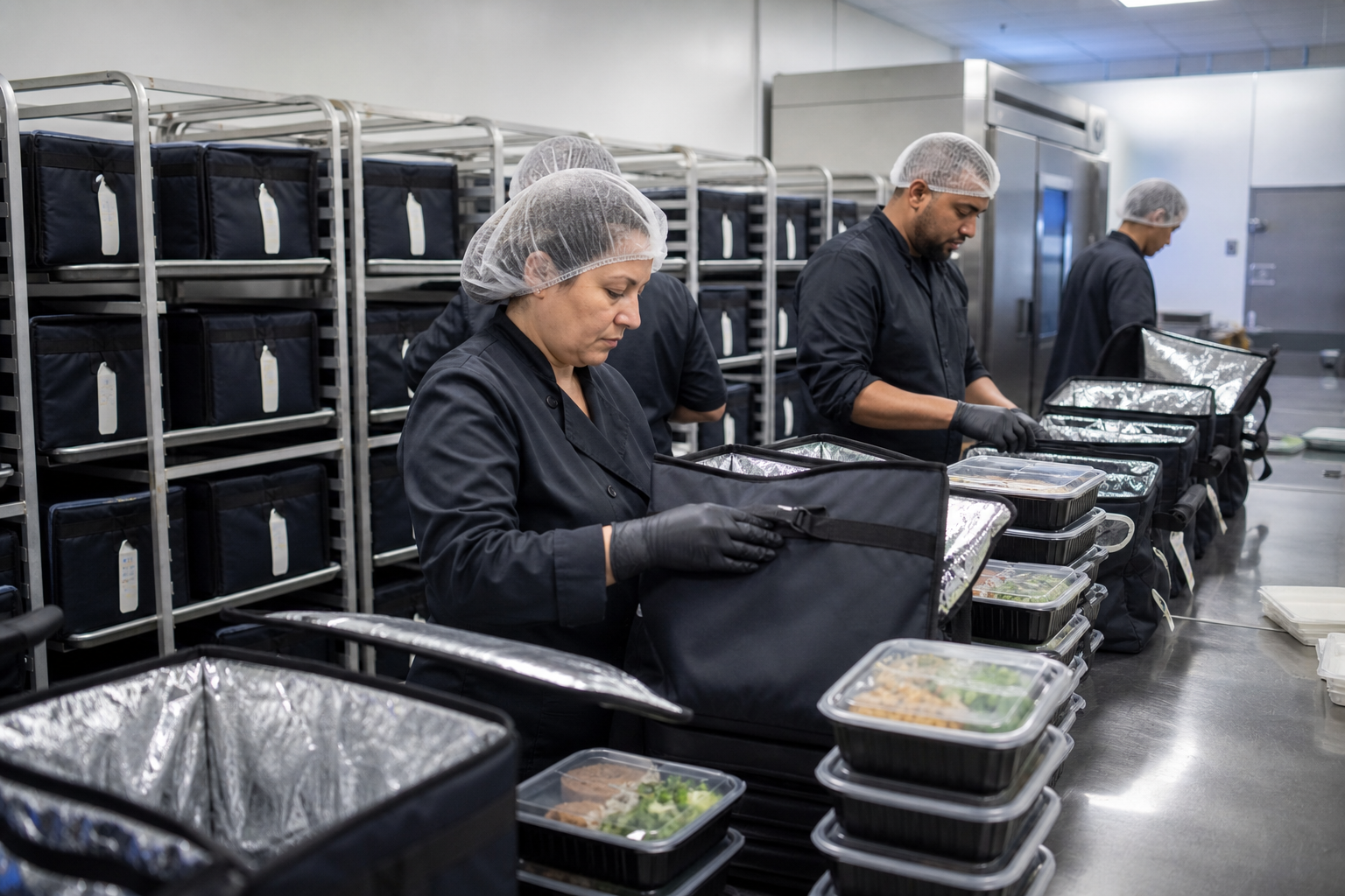 Meal delivery packing team in gloves and hairnets sealing insulated corporate lunch bags for route dispatch