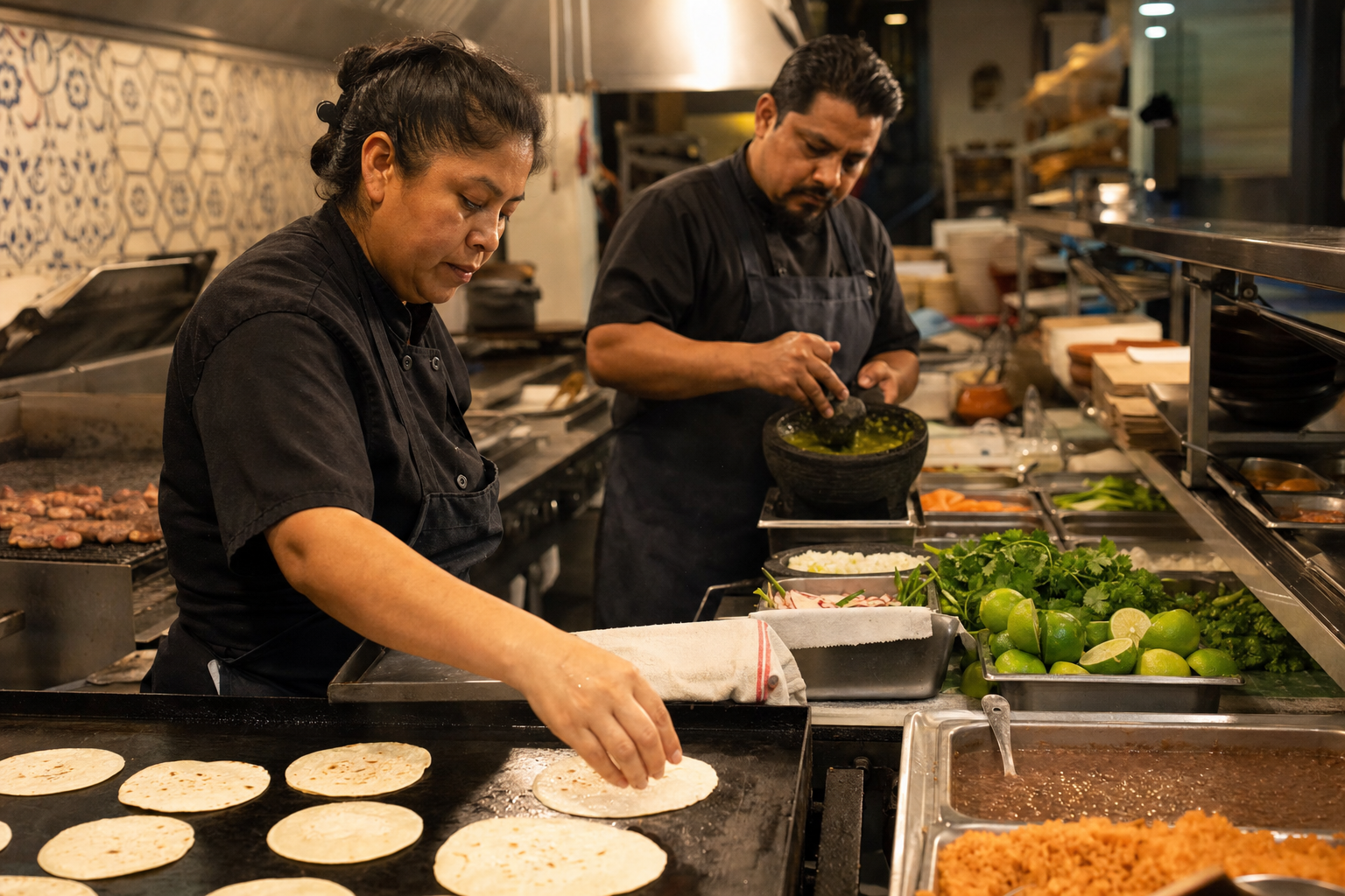 Kitchen team preparing fresh tortillas, salsa, and grilled proteins in an authentic Mexican restaurant kitchen