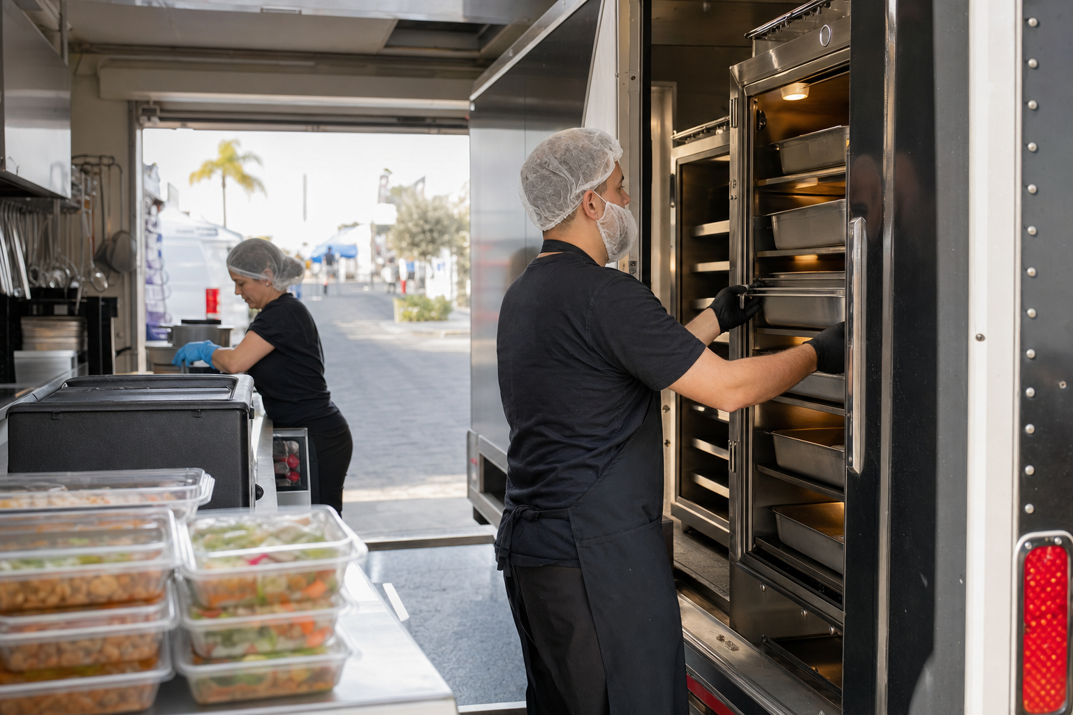 Mobile catering commissary loading food truck before departure