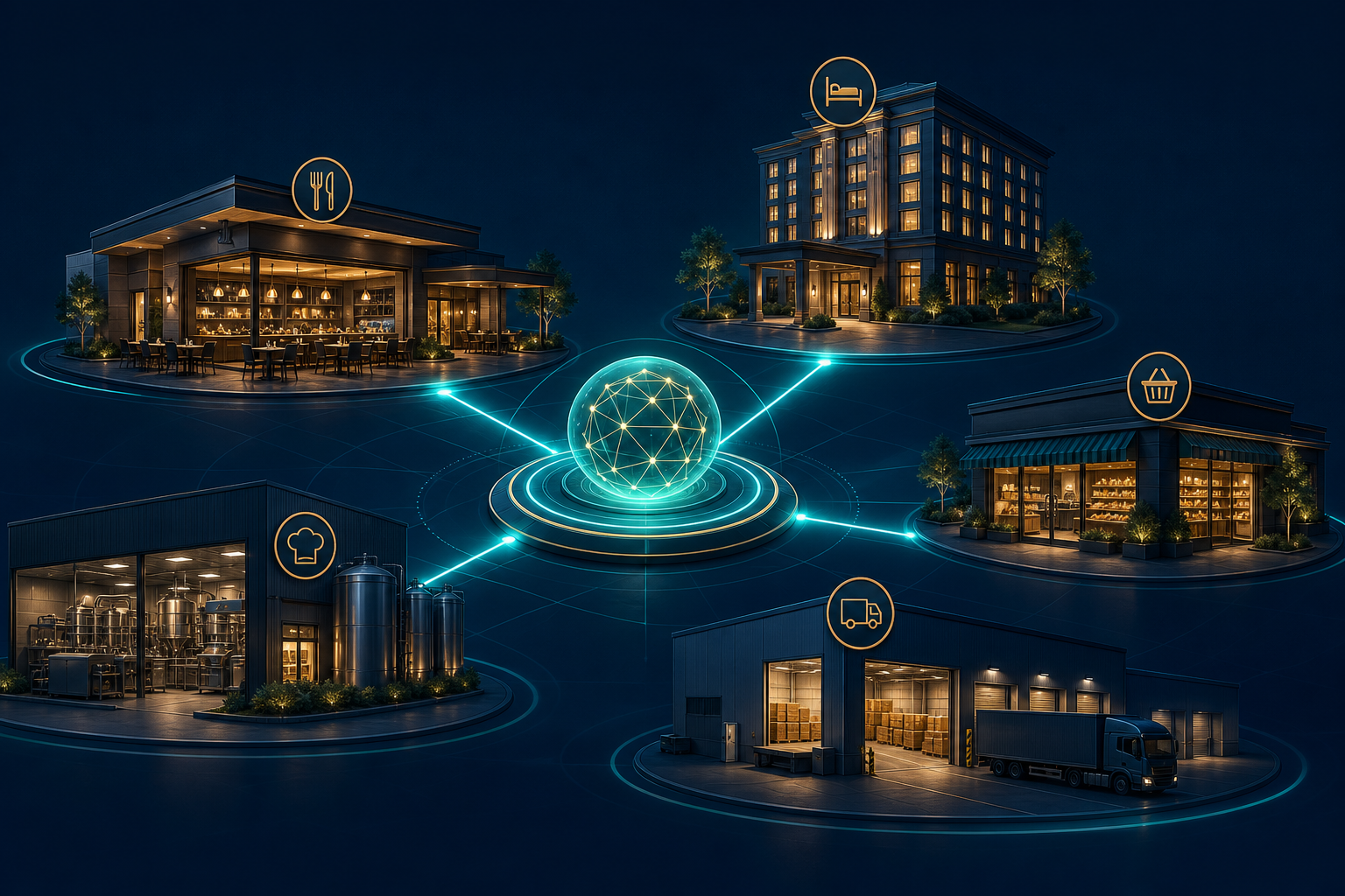Conceptual illustration of restaurants, hotels, production facilities, retail food locations, and distribution nodes connected through one Adaptive Operating System with shared standards and local execution. Illustrative only.