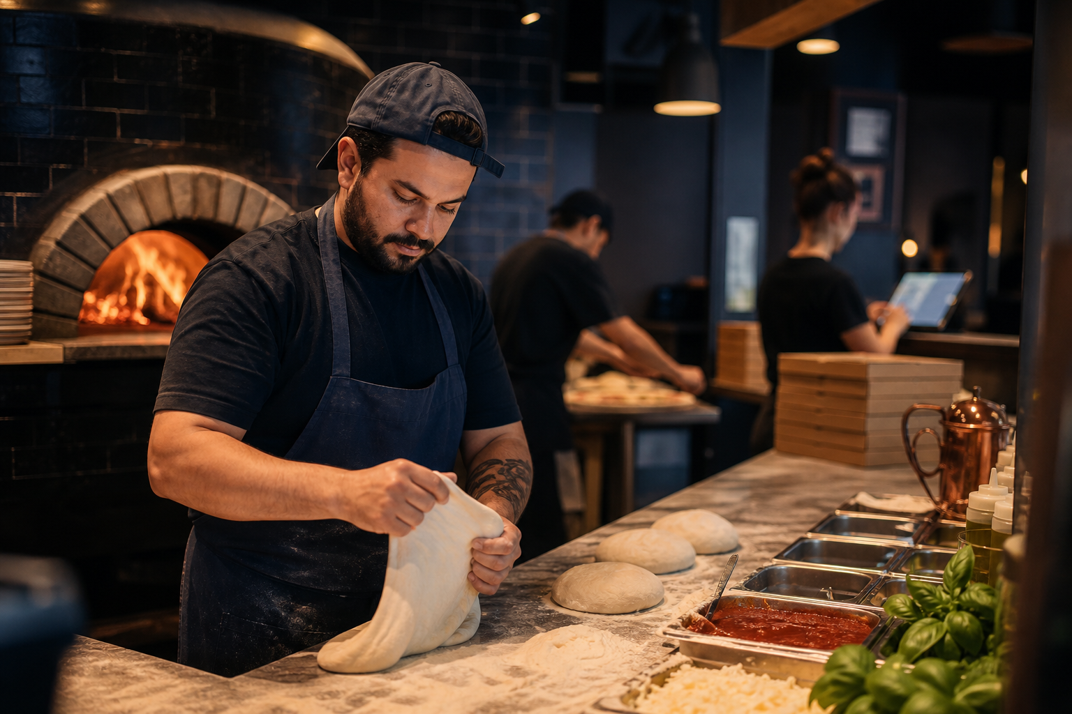 Pizza chef at the dough station with wood-fired oven, make line, and delivery counter visible in a neighborhood pizzeria kitchen