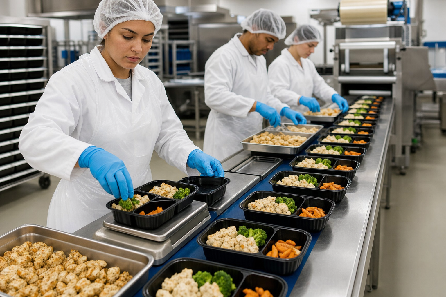 Industrial prepared meal production line with workers assembling ready-to-eat meals under HACCP controls beside cold-chain staging racks