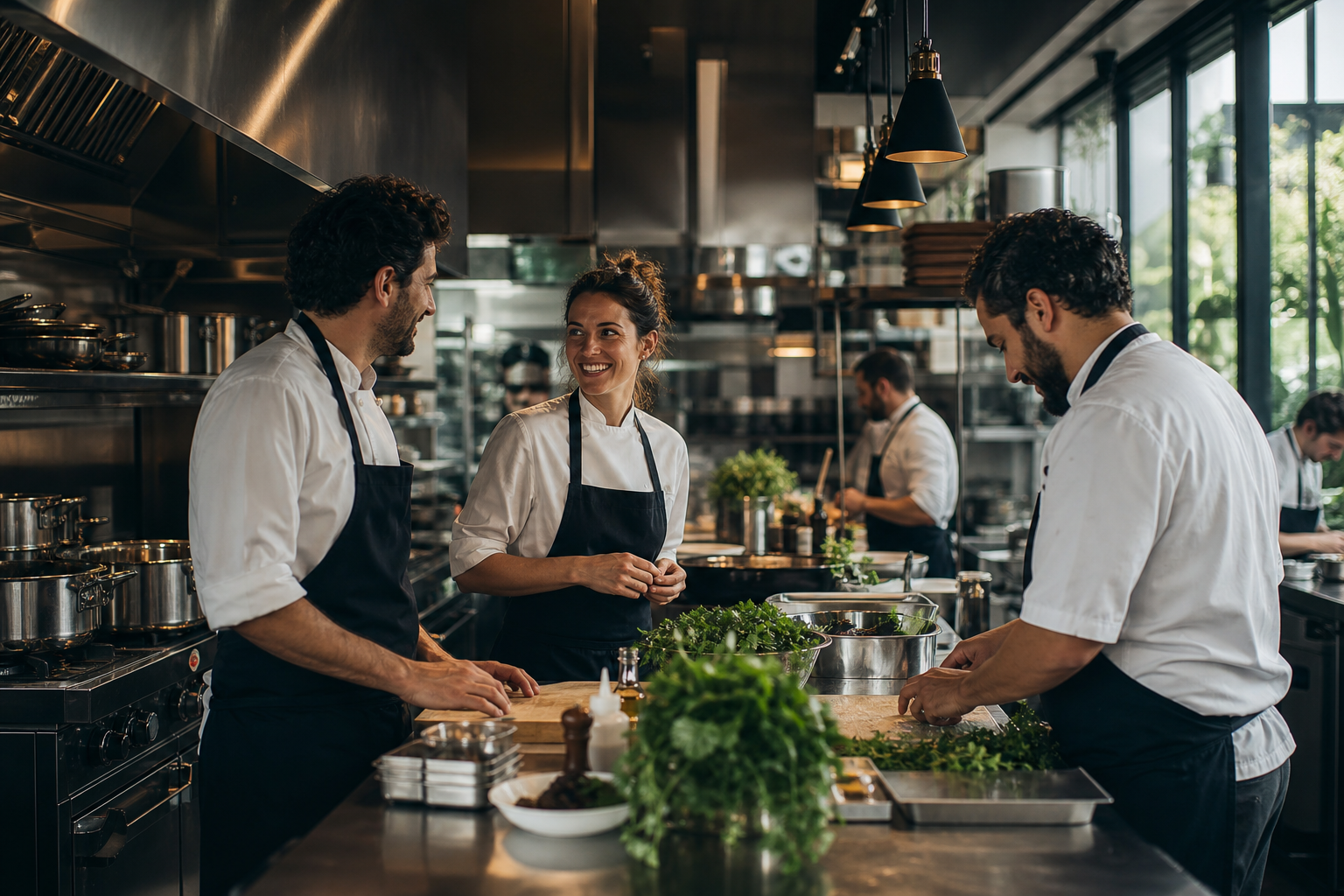Chefs coordinating calmly in a modern commercial kitchen