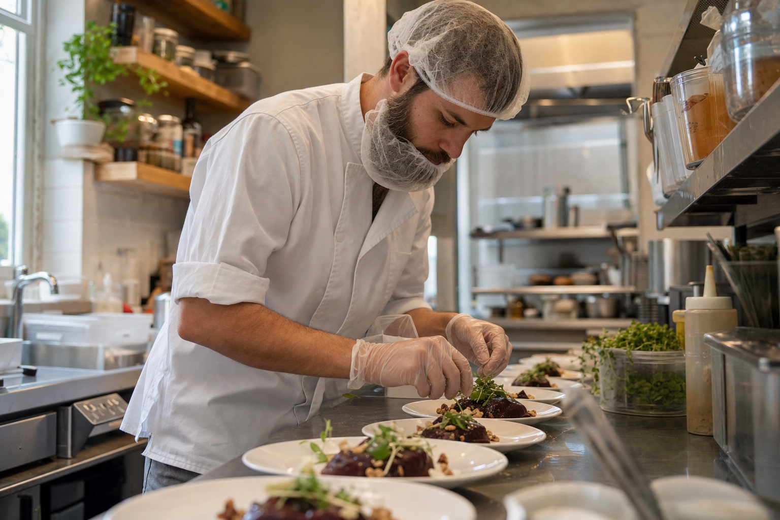Private chef in hairnet, gloves, and beard net finishing precision courses in a professional prep kitchen