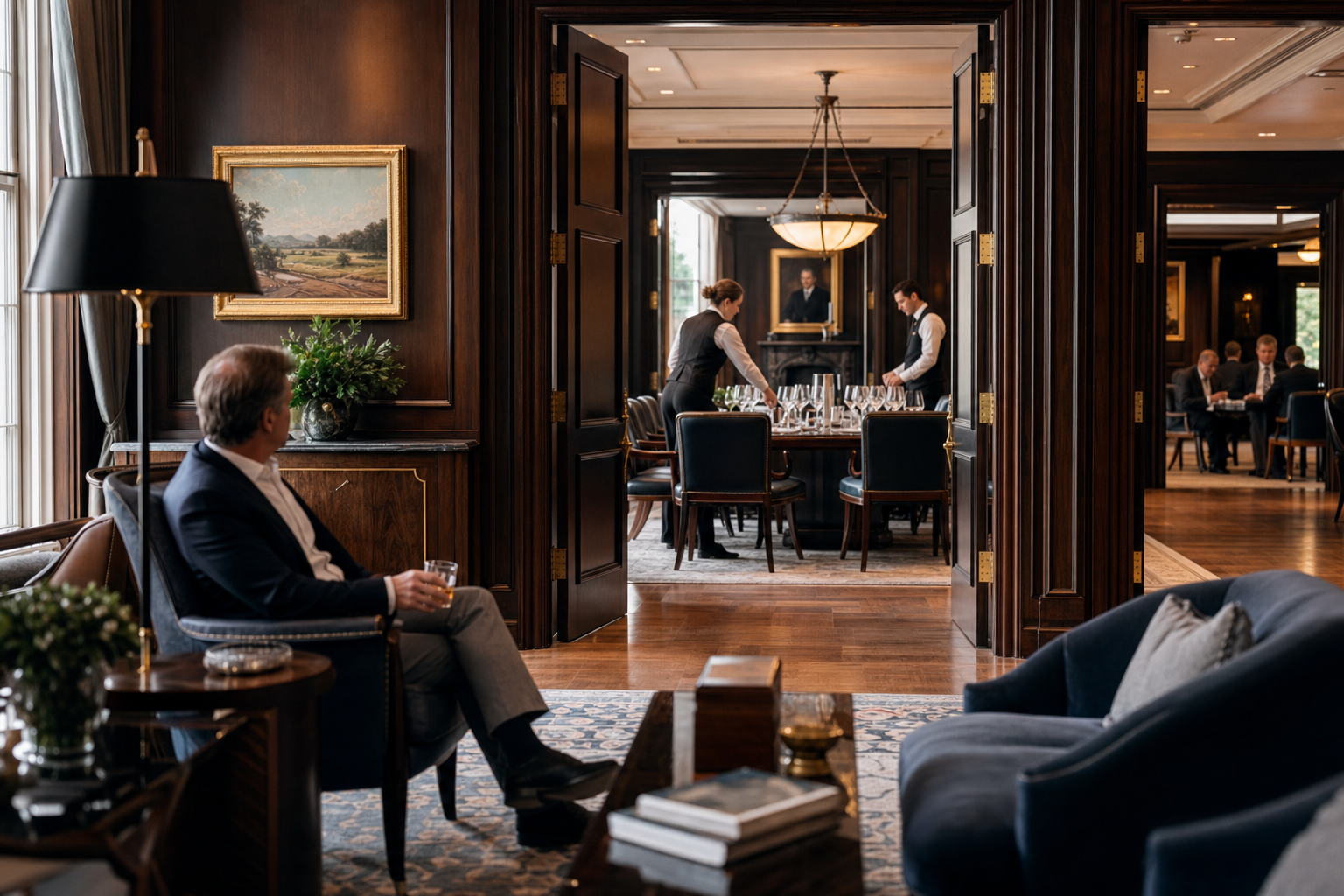 Private club member lounge and dining team preparing an intimate evening service in natural daylight