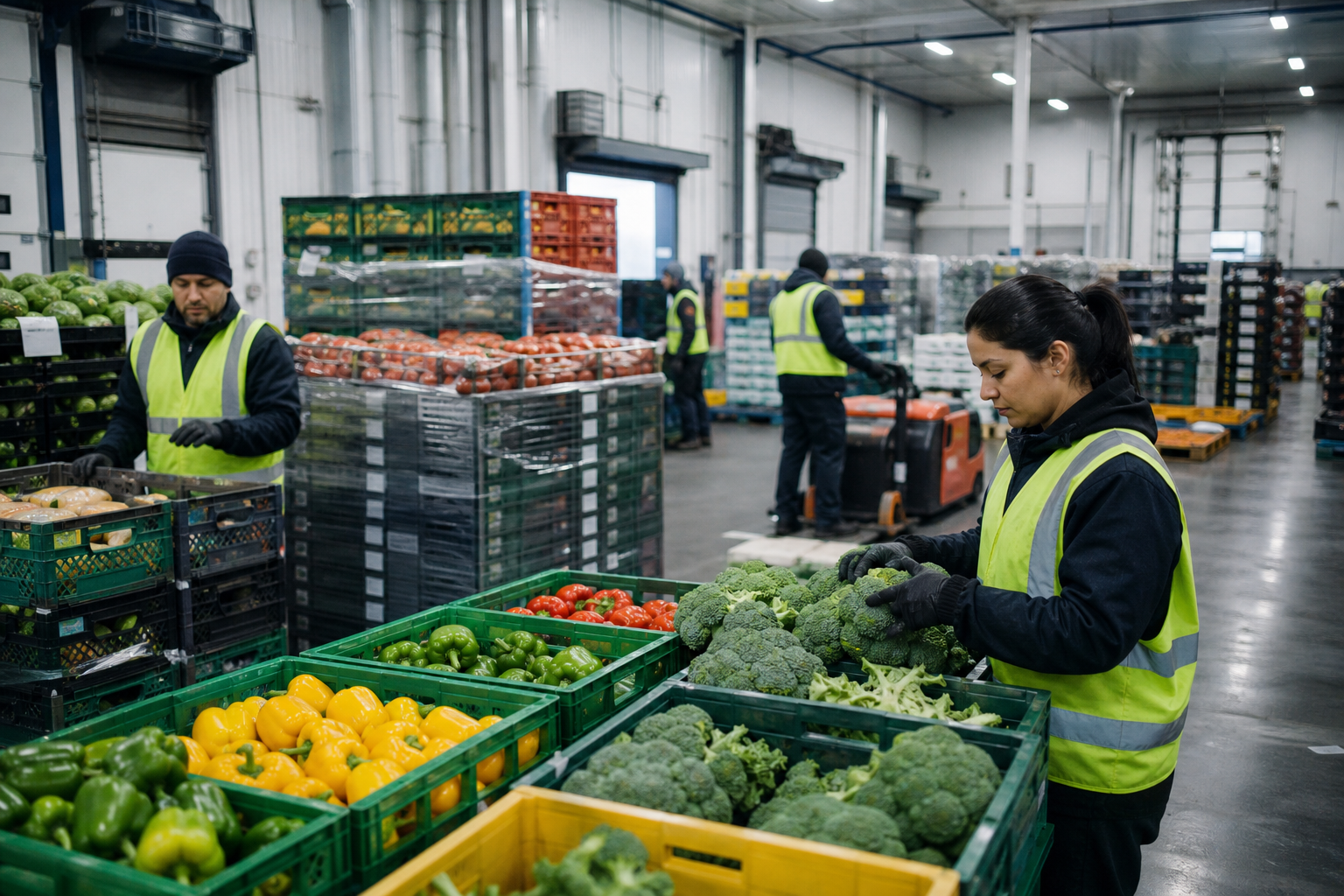Produce distribution center with ripeness-coded staging, FEFO slotting, and refrigerated pick faces for field-to-DC freshness