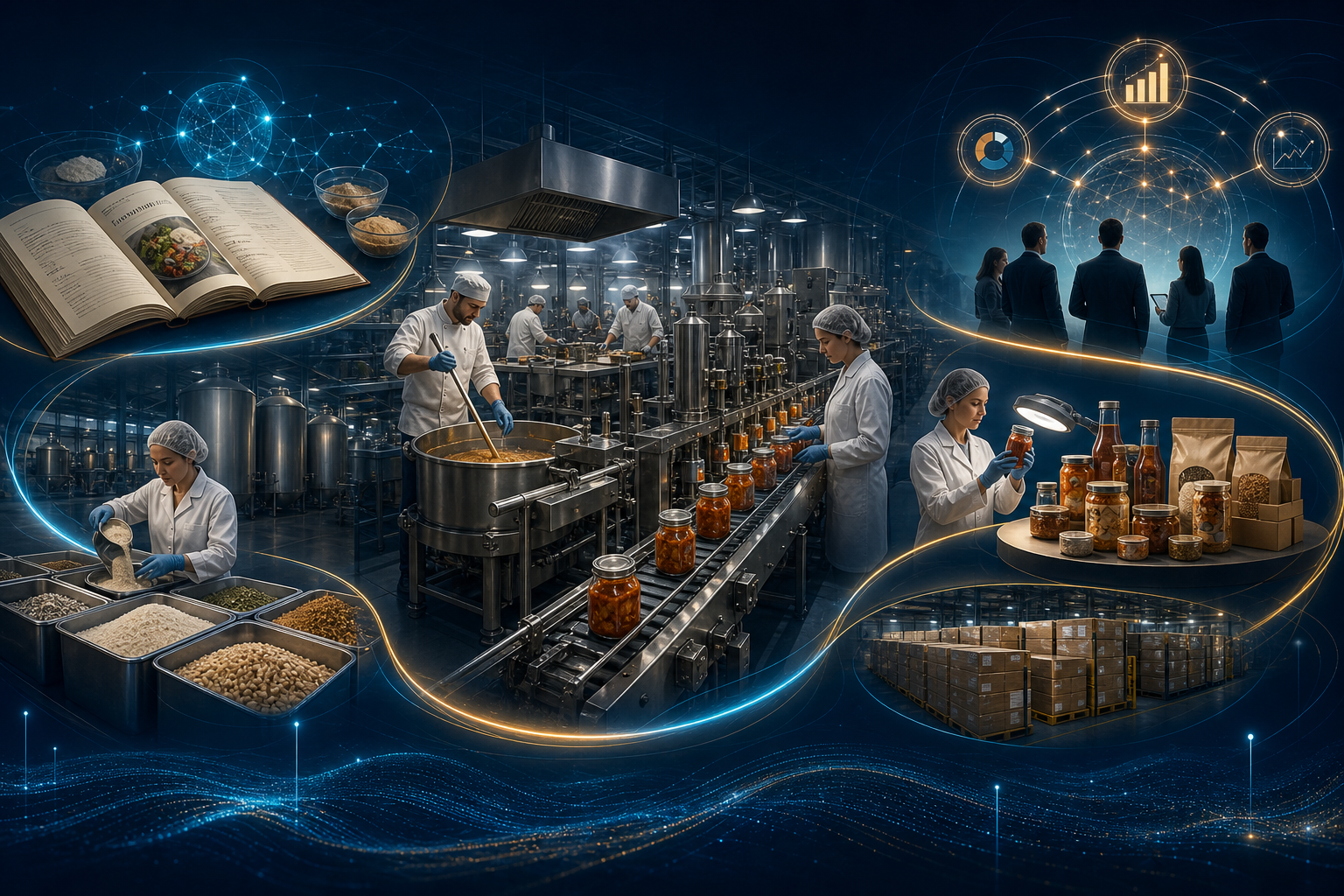 Conceptual illustration of production flowing from recipes through ingredient staging, batch execution, quality, packaging, finished goods, and executive visibility within one connected operational platform. Illustrative only.