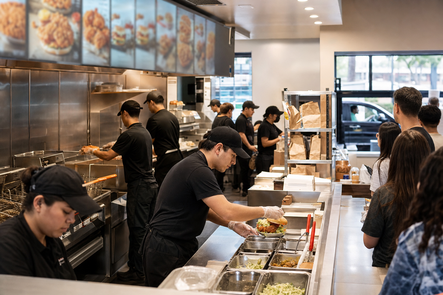 Quick service restaurant crew at front counter, kitchen assembly line, fry station, and pickup shelves during a busy lunch rush