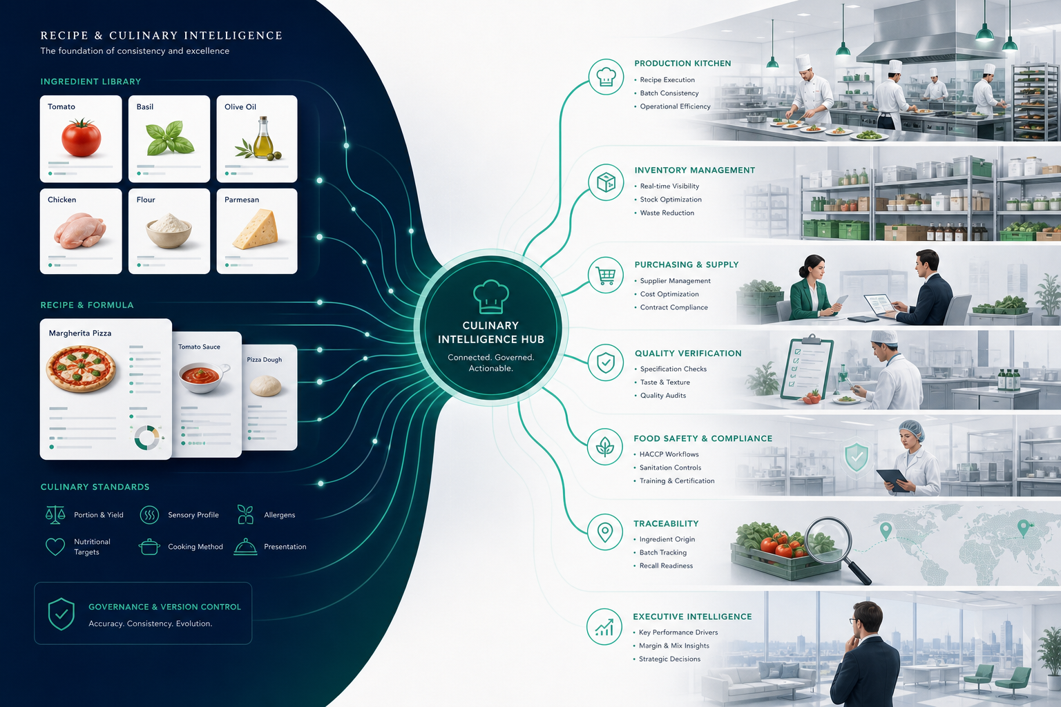 Conceptual illustration of a governed recipe ecosystem flowing into production, inventory, purchasing, quality, food safety, traceability, and executive intelligence. Illustrative only.