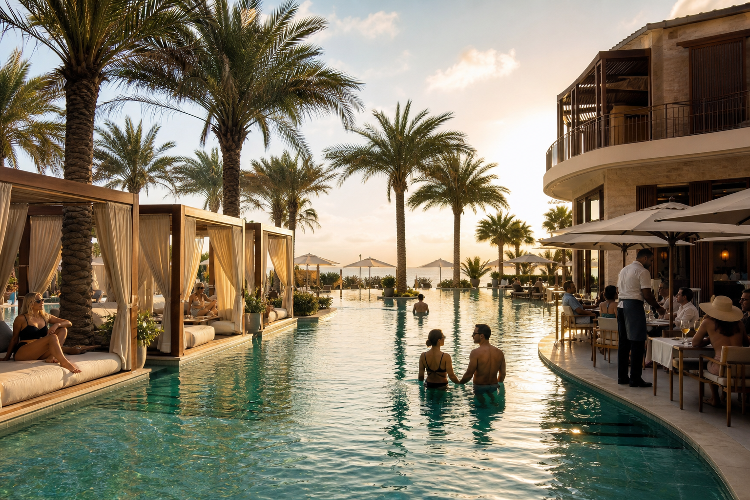Luxury resort pool area with cabanas, spa terrace, and guests relaxing in natural golden-hour light