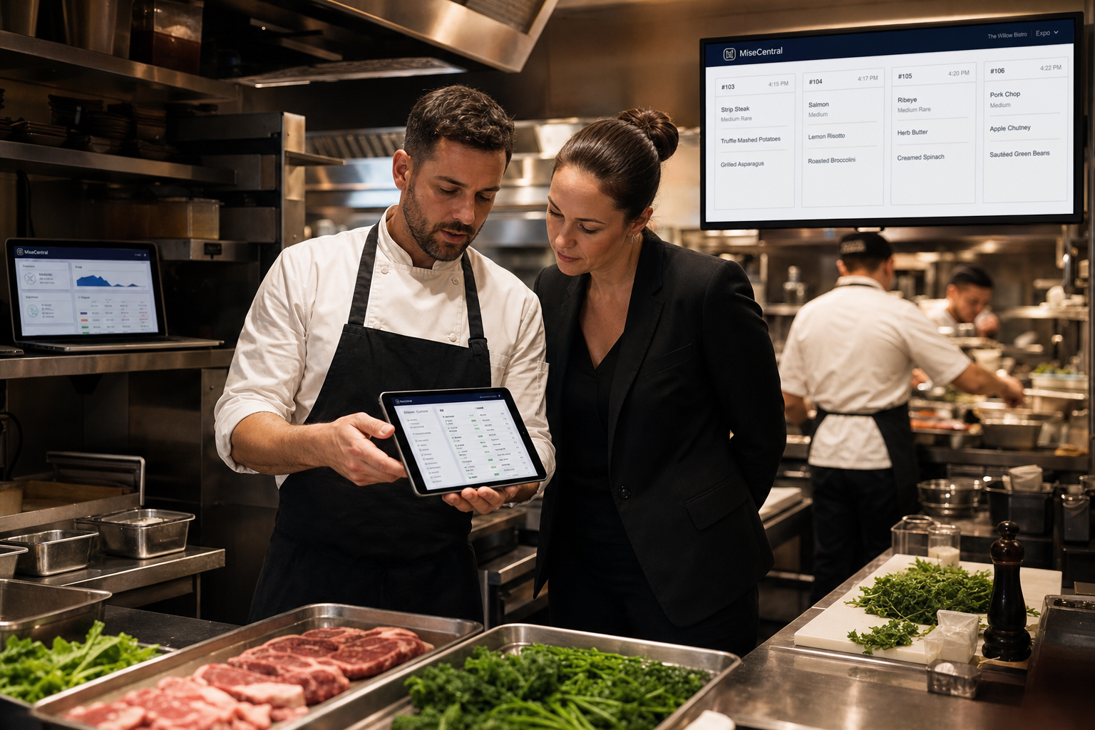 Restaurant kitchen team preparing for service with fresh ingredients and open line visible