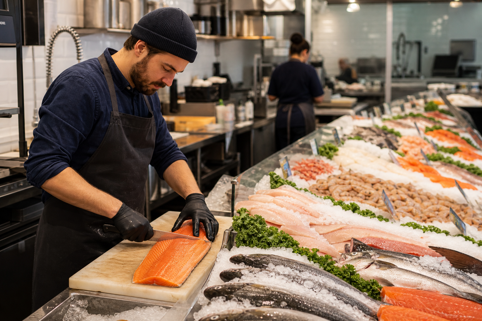 Seafood market fresh case with ice beds, fillet service, labeled portions, and rotation discipline under temperature monitoring