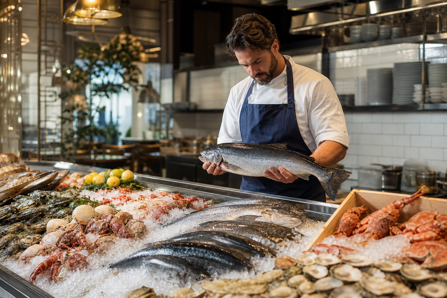 Chef inspecting fresh fish on ice at a seafood restaurant receiving station with raw bar display