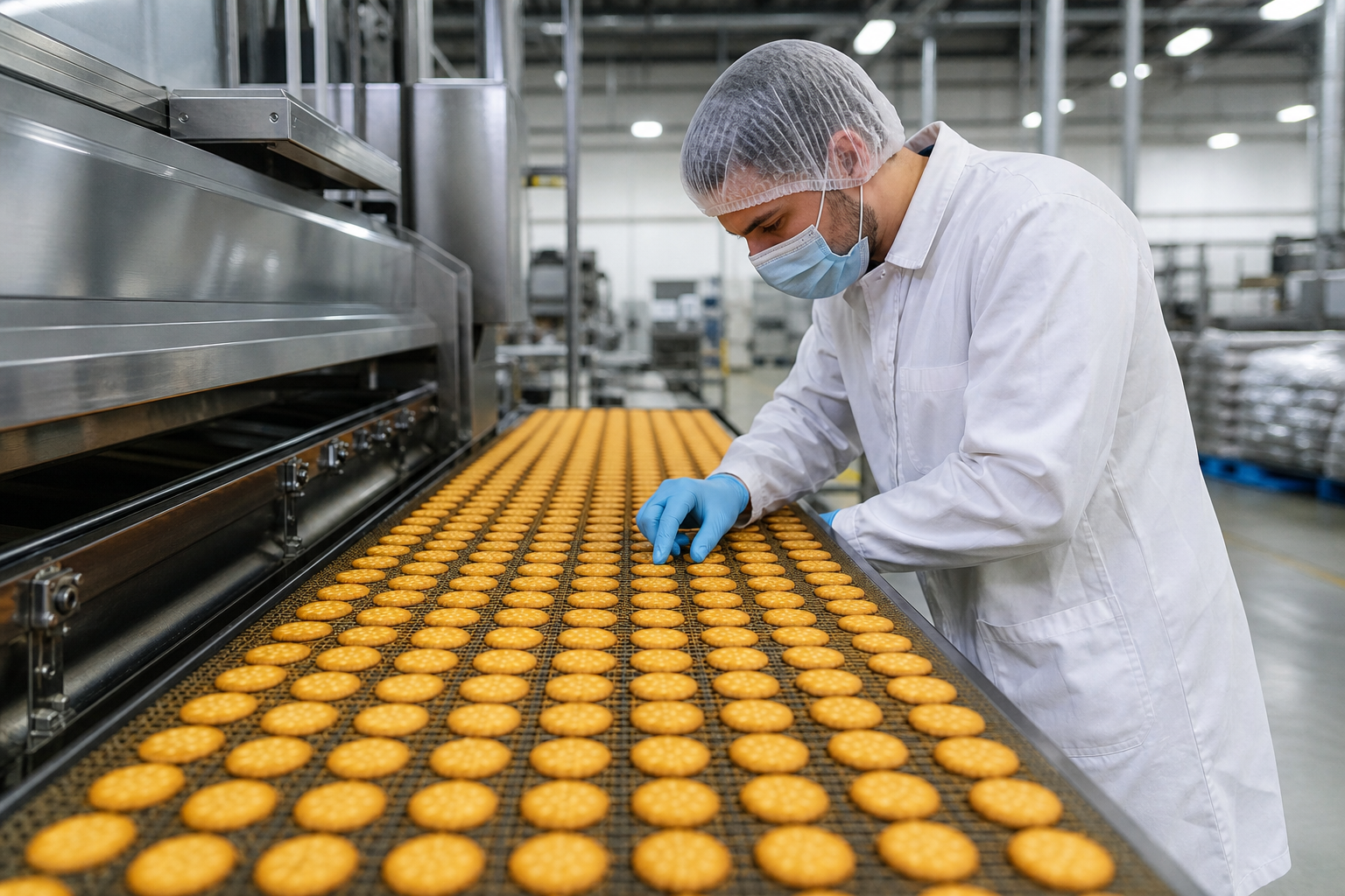 Snack and bakery manufacturing line with workers inspecting consistent crackers and bars on a high-speed conveyor under quality controls