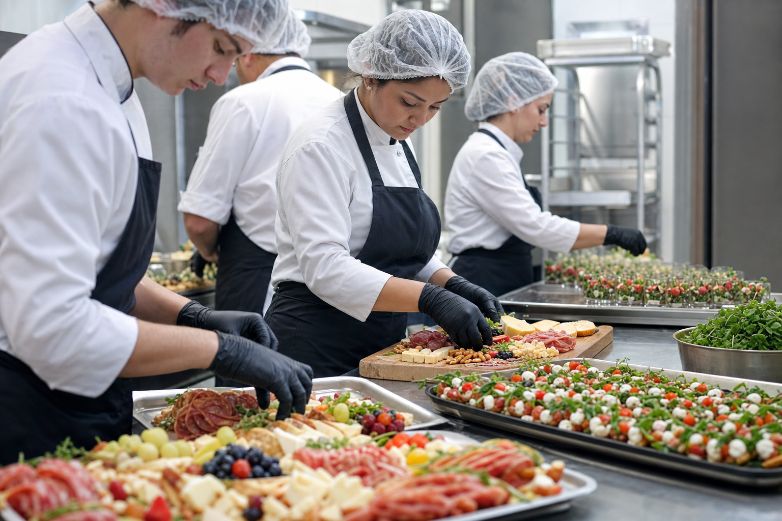 Social event catering kitchen staff assembling gala buffet platters