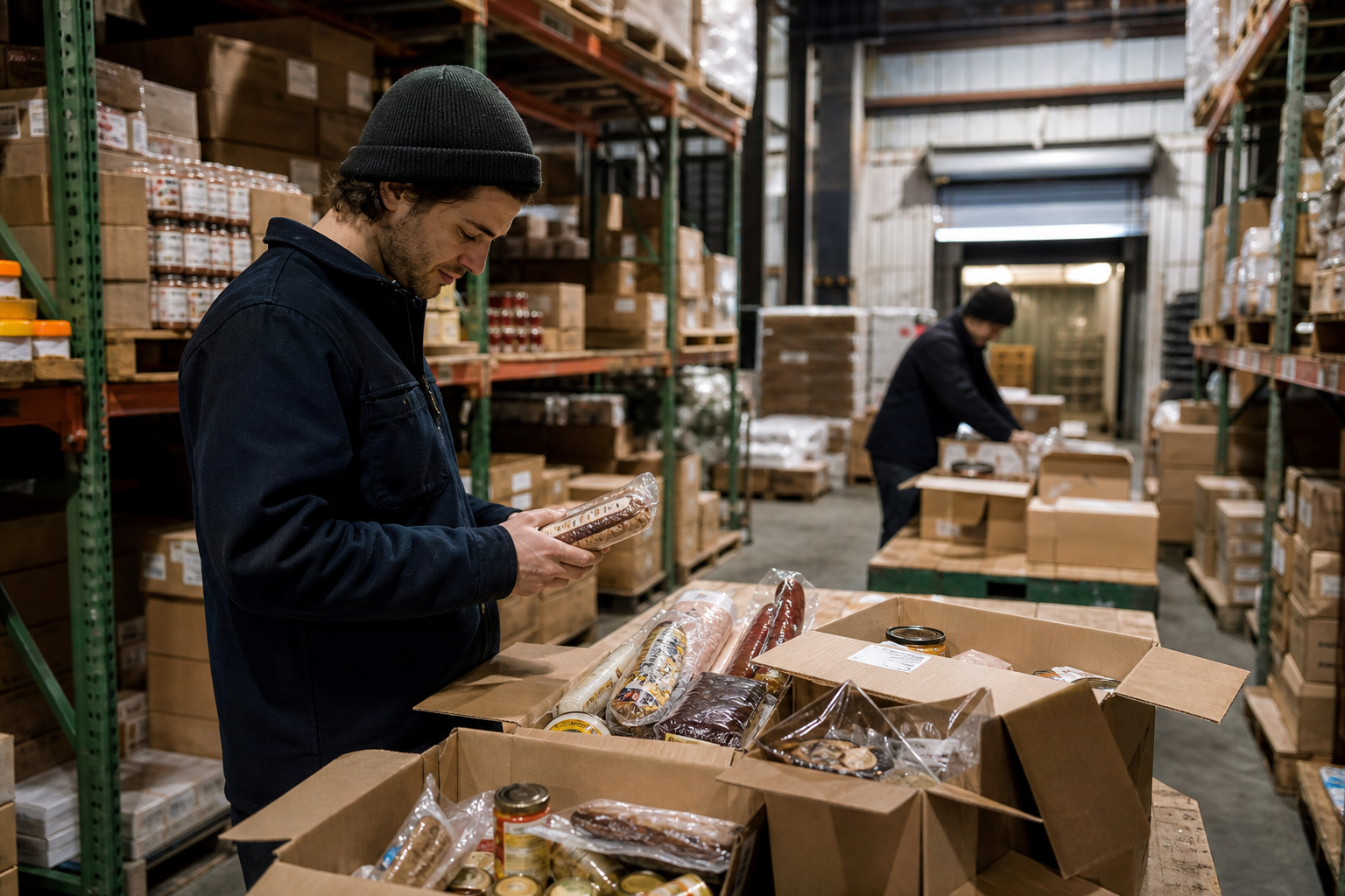 Specialty food distribution warehouse with artisan and ethnic SKU staging, account catalog pick sheets, and lot traceability on high-count inventory faces
