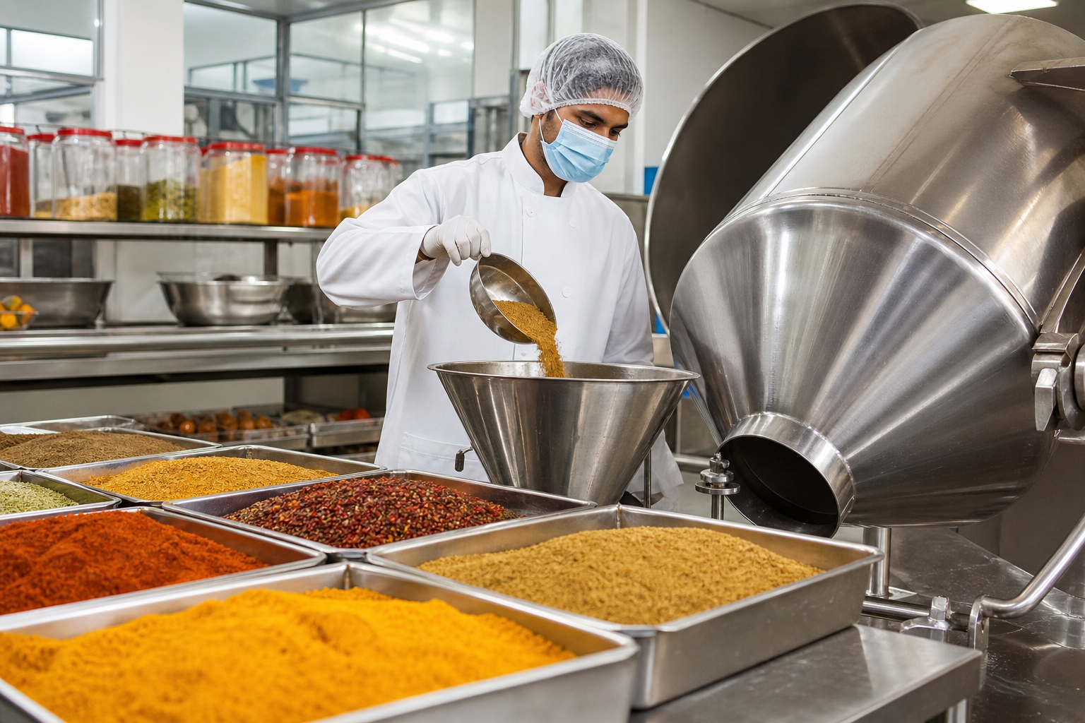 Spice blending facility with precision weighing and allergen segregation