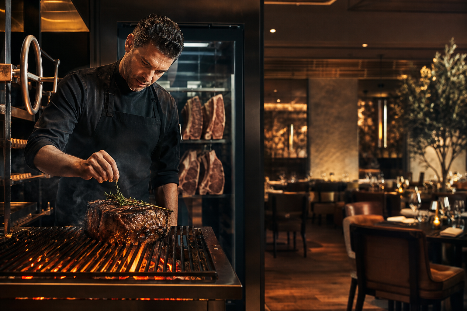 Chef finishing a premium steak at an open grill in an upscale steakhouse with elegant dining room lighting