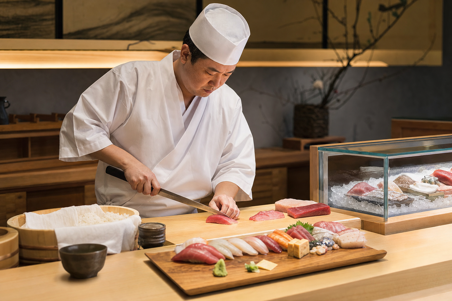 Executive sushi chef preparing nigiri at the bar with fresh fish and rice in a Japanese restaurant kitchen