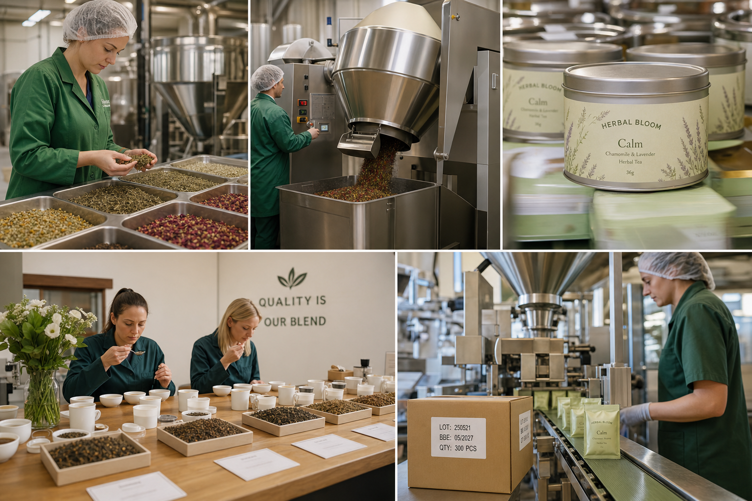 Tea blending and packaging production facility with botanical lot staging, dry blend lines, cupping sensory QC, and sachet packaging with lot coding under food safety controls