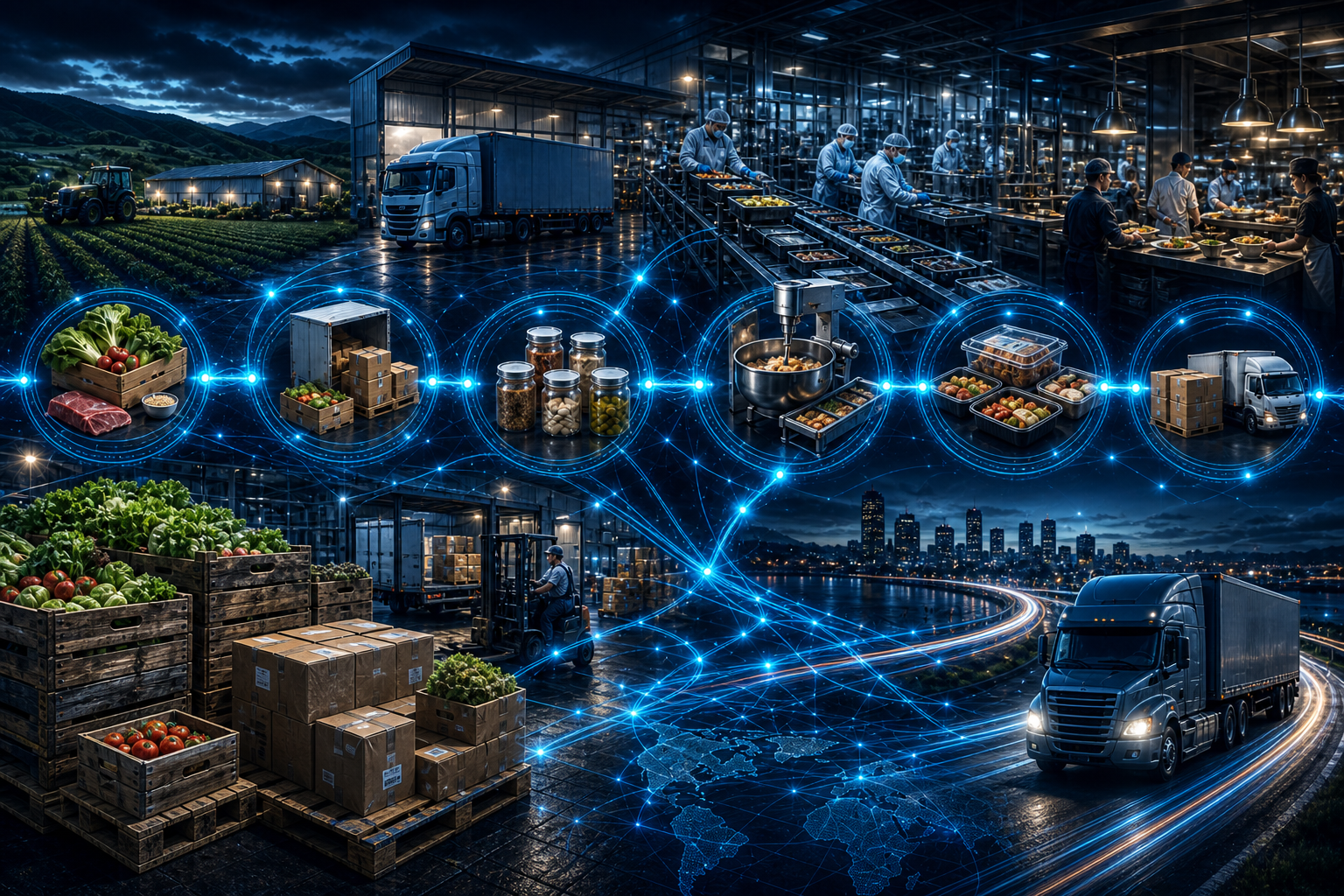 Conceptual illustration of connected product genealogy from supplier through production to shipment. Illustrative only.