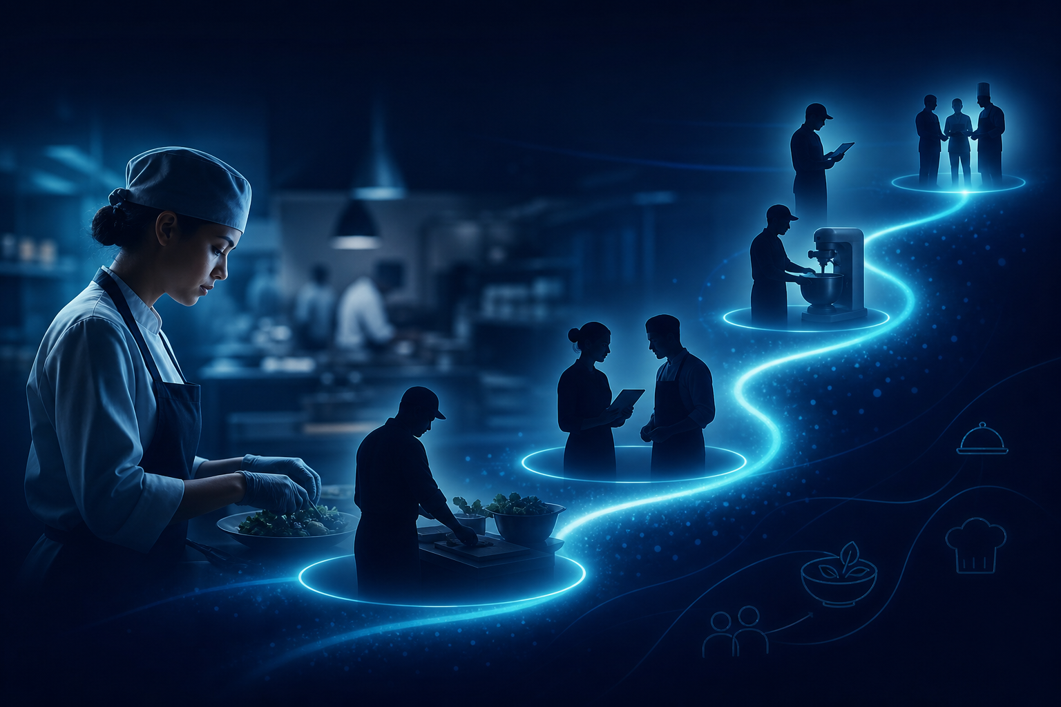 Conceptual illustration of workforce competency and team development across hospitality operations. Illustrative only.