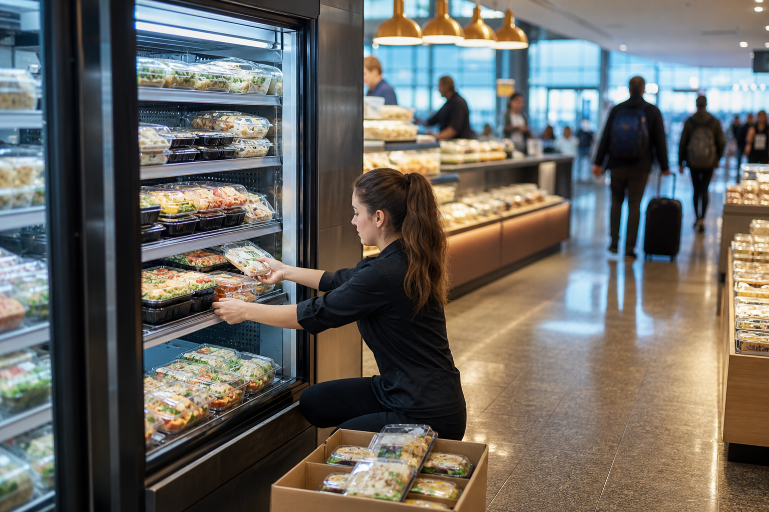 Travel retail food outlet at airport gate with compact grab-and-go case, hot and cold holding, replenishment staging, and labeled packaged meals for time-constrained travelers