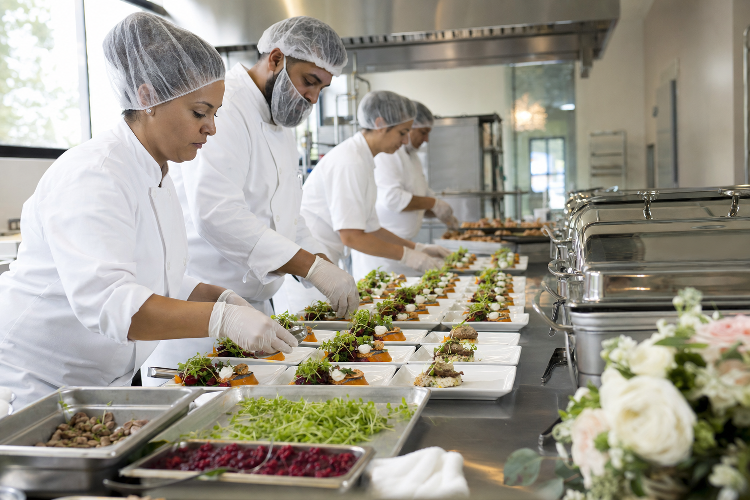 Wedding catering kitchen brigade in hairnets and gloves plating reception appetizers