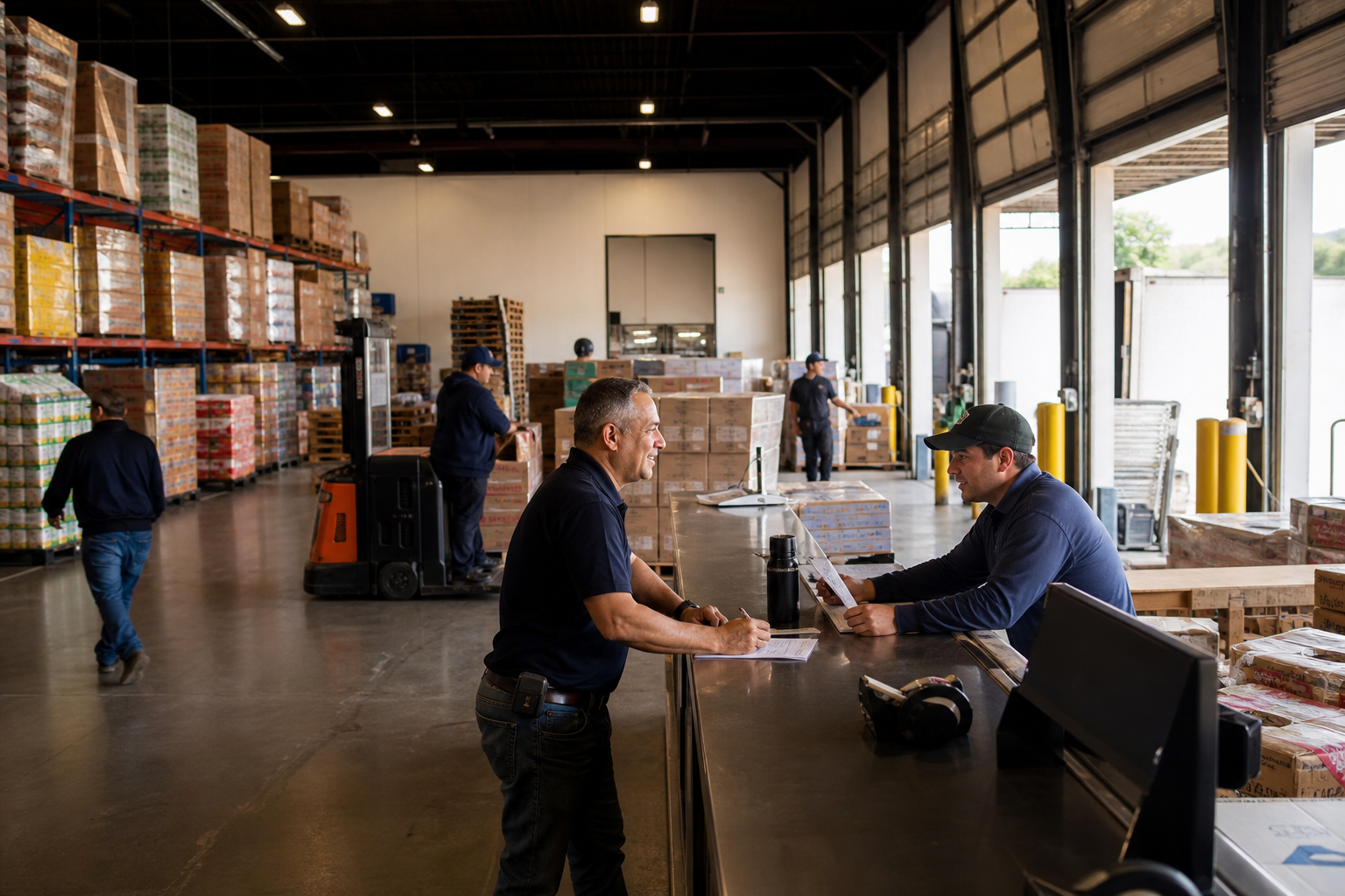 Wholesale food warehouse with cash-and-carry counter and high-volume case picking for operator buyers