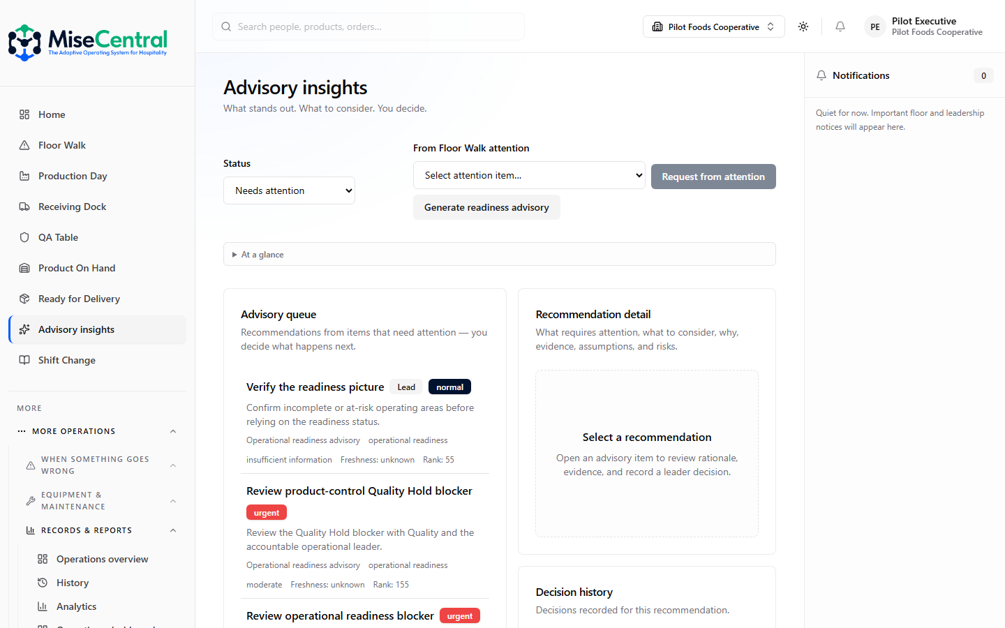 Advisory insights queue with explainable recommendations waiting for a leader decision