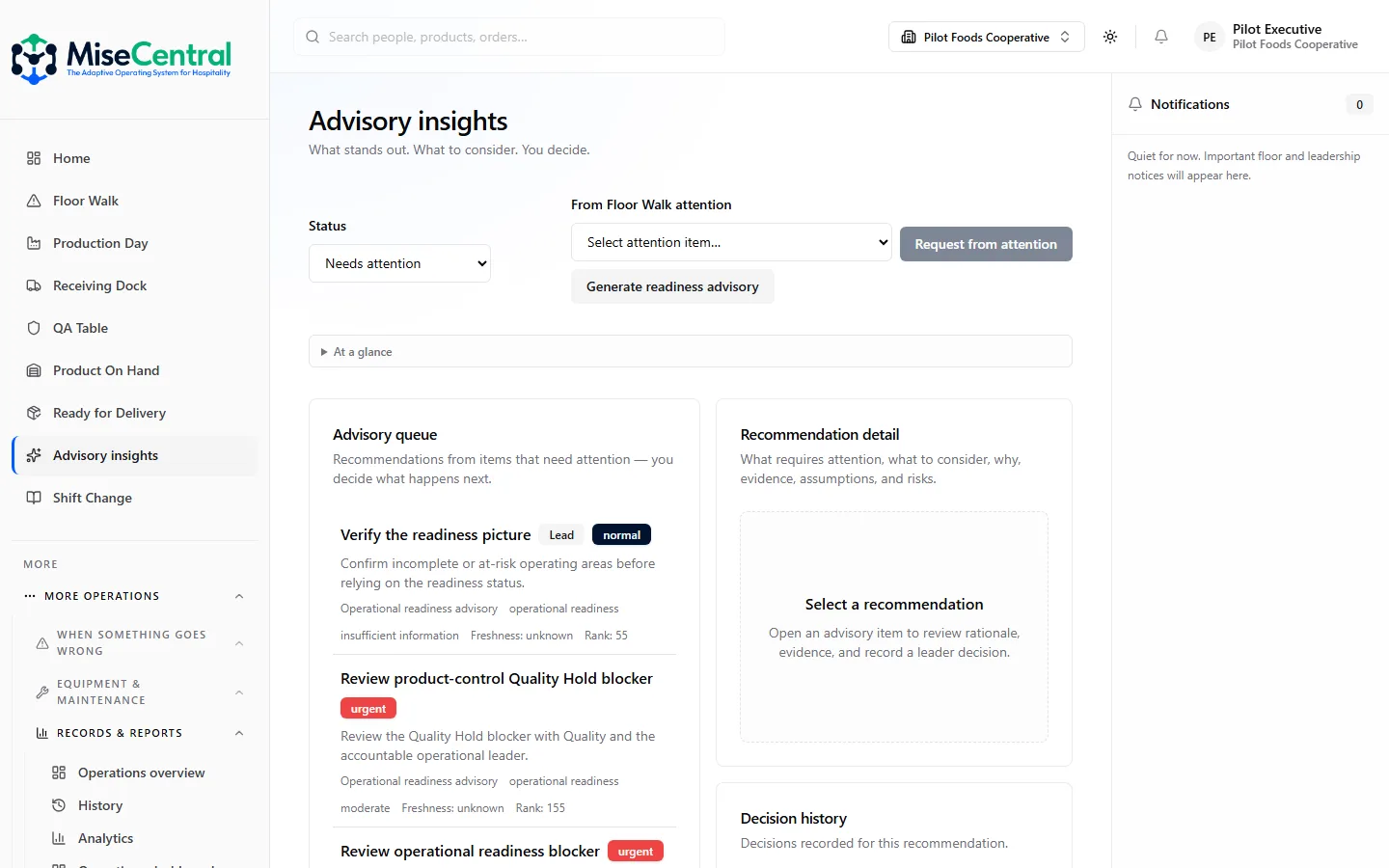 Advisory insights queue with explainable recommendations for leader decision