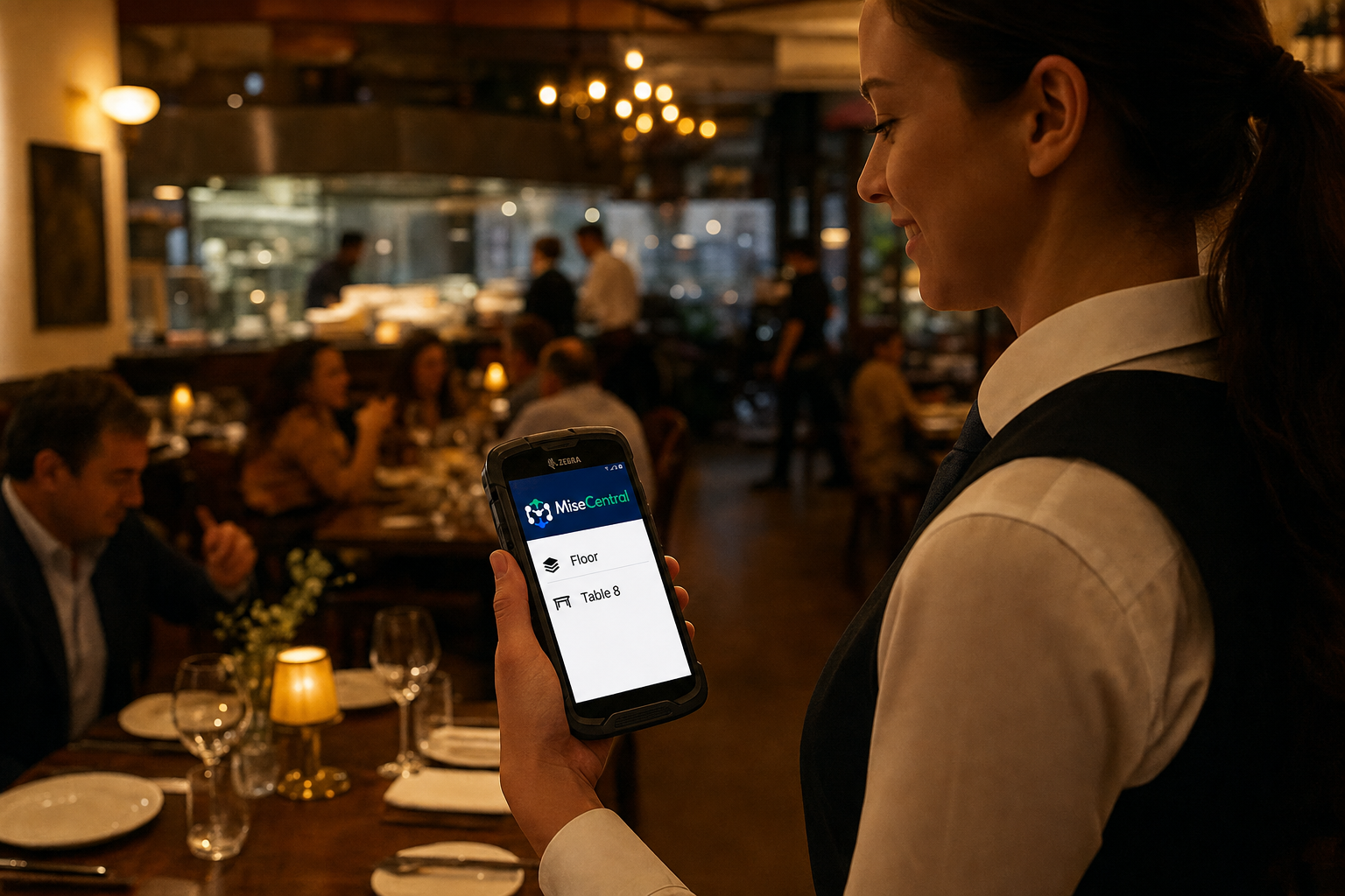 Server using MiseCentral handheld in a restaurant dining room