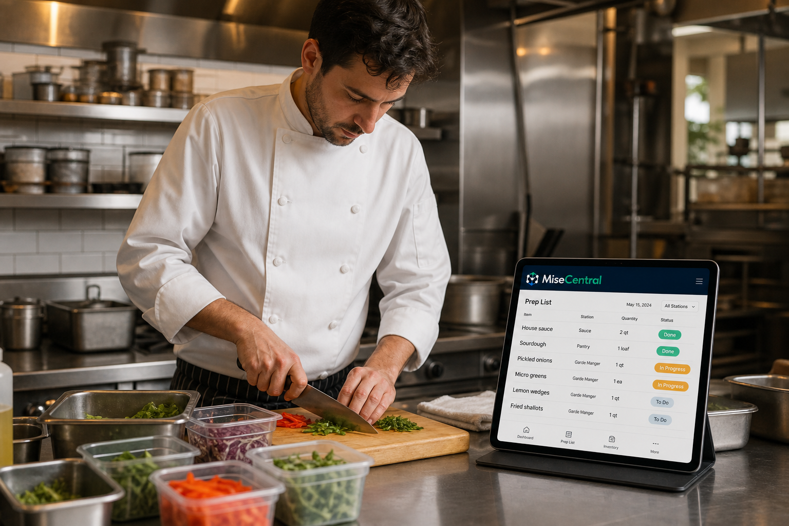 Chef reviewing a MiseCentral prep list on a tablet at the line
