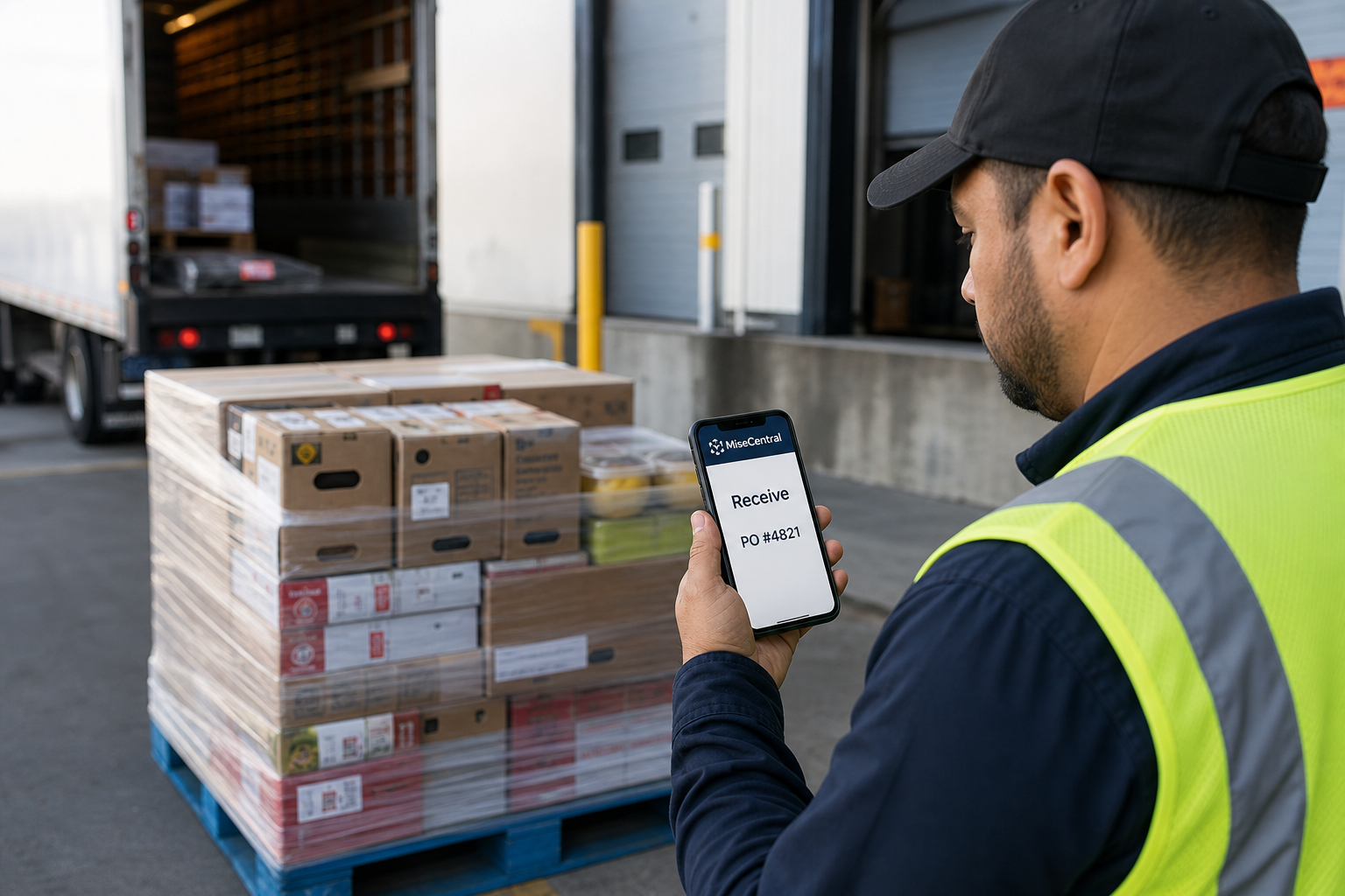 Warehouse worker receiving inventory with MiseCentral on a phone