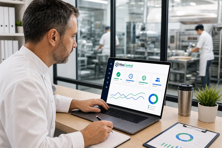 Operations manager reviewing MiseCentral dashboard on a laptop