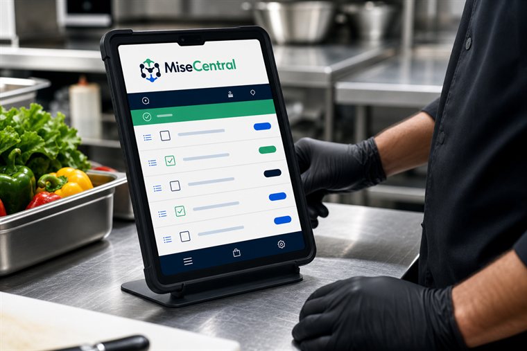 Prep lead using MiseCentral on a tablet at a production station