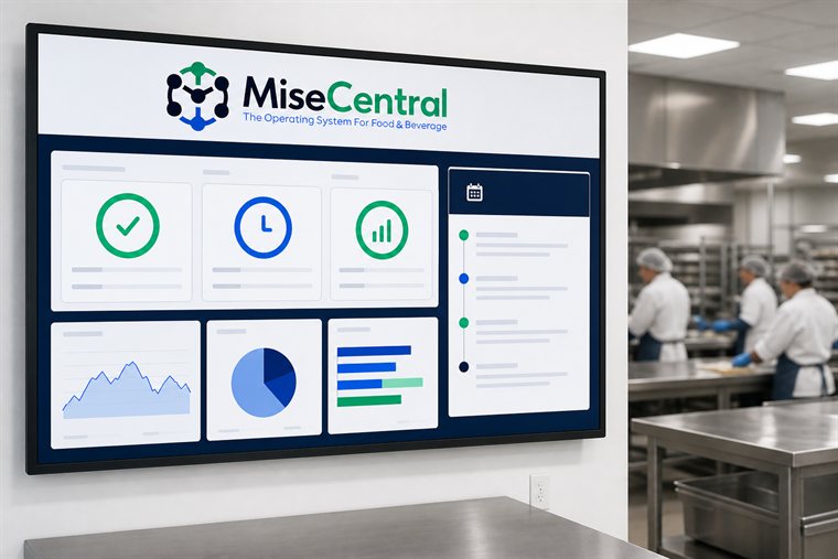 Team reviewing MiseCentral on a wall display in a kitchen